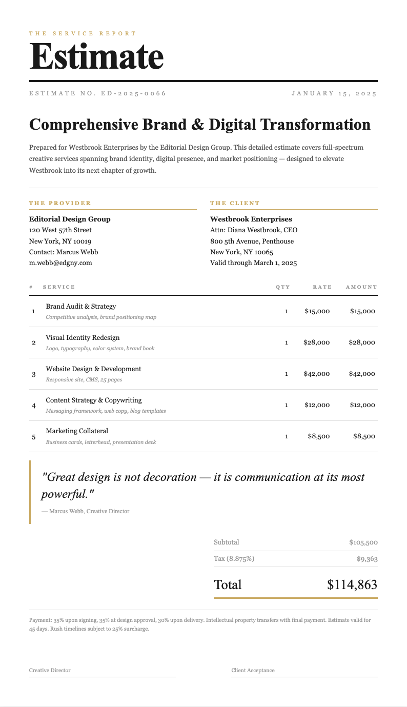 Editorial magazine service estimate